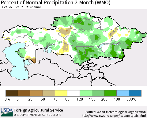Kazakhstan Percent of Normal Precipitation 2-Month (WMO) Thematic Map For 10/26/2022 - 12/25/2022