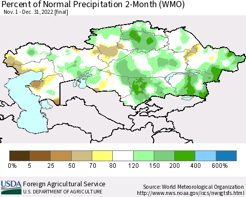 Kazakhstan Percent of Normal Precipitation 2-Month (WMO) Thematic Map For 11/1/2022 - 12/31/2022