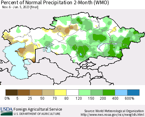 Kazakhstan Percent of Normal Precipitation 2-Month (WMO) Thematic Map For 11/6/2022 - 1/5/2023