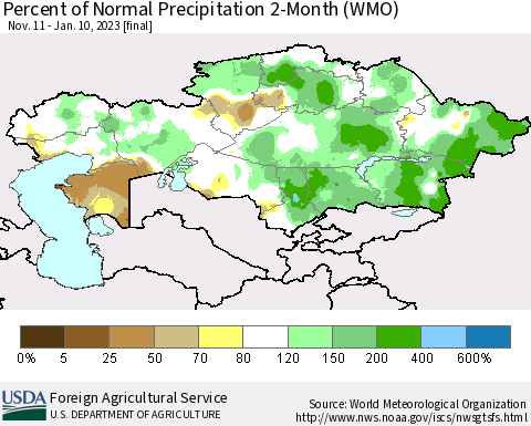 Kazakhstan Percent of Normal Precipitation 2-Month (WMO) Thematic Map For 11/11/2022 - 1/10/2023