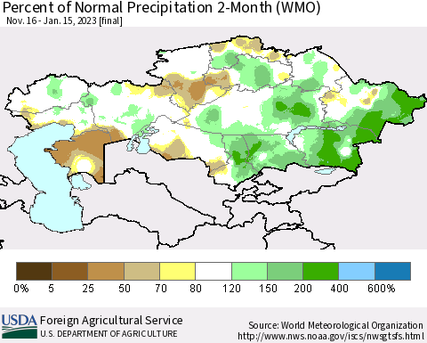 Kazakhstan Percent of Normal Precipitation 2-Month (WMO) Thematic Map For 11/16/2022 - 1/15/2023