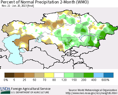 Kazakhstan Percent of Normal Precipitation 2-Month (WMO) Thematic Map For 11/21/2022 - 1/20/2023