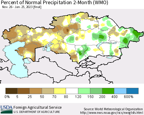 Kazakhstan Percent of Normal Precipitation 2-Month (WMO) Thematic Map For 11/26/2022 - 1/25/2023