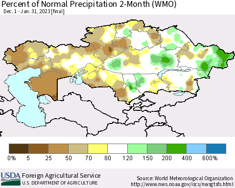 Kazakhstan Percent of Normal Precipitation 2-Month (WMO) Thematic Map For 12/1/2022 - 1/31/2023