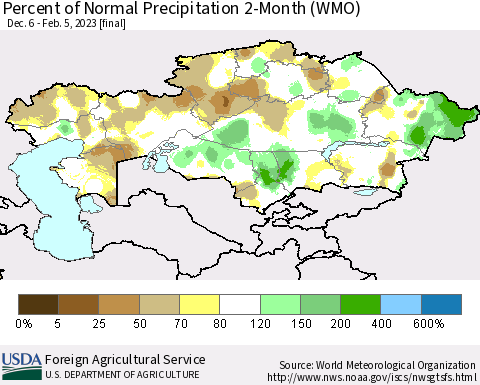 Kazakhstan Percent of Normal Precipitation 2-Month (WMO) Thematic Map For 12/6/2022 - 2/5/2023