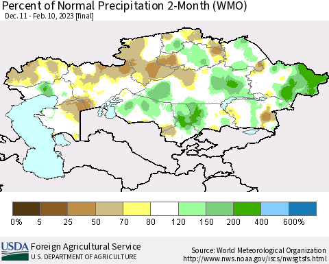 Kazakhstan Percent of Normal Precipitation 2-Month (WMO) Thematic Map For 12/11/2022 - 2/10/2023