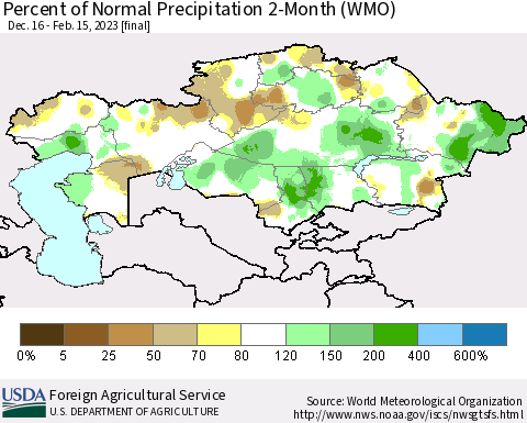 Kazakhstan Percent of Normal Precipitation 2-Month (WMO) Thematic Map For 12/16/2022 - 2/15/2023