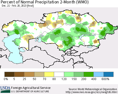 Kazakhstan Percent of Normal Precipitation 2-Month (WMO) Thematic Map For 12/21/2022 - 2/20/2023