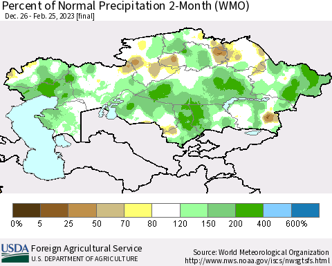 Kazakhstan Percent of Normal Precipitation 2-Month (WMO) Thematic Map For 12/26/2022 - 2/25/2023