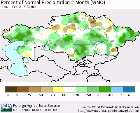 Kazakhstan Percent of Normal Precipitation 2-Month (WMO) Thematic Map For 1/1/2023 - 2/28/2023