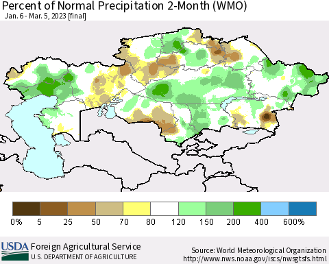 Kazakhstan Percent of Normal Precipitation 2-Month (WMO) Thematic Map For 1/6/2023 - 3/5/2023