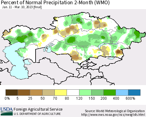 Kazakhstan Percent of Normal Precipitation 2-Month (WMO) Thematic Map For 1/11/2023 - 3/10/2023