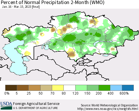 Kazakhstan Percent of Normal Precipitation 2-Month (WMO) Thematic Map For 1/16/2023 - 3/15/2023