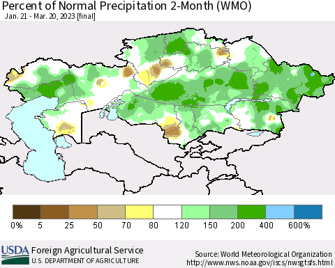 Kazakhstan Percent of Normal Precipitation 2-Month (WMO) Thematic Map For 1/21/2023 - 3/20/2023
