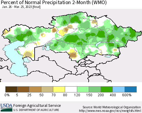 Kazakhstan Percent of Normal Precipitation 2-Month (WMO) Thematic Map For 1/26/2023 - 3/25/2023