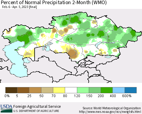 Kazakhstan Percent of Normal Precipitation 2-Month (WMO) Thematic Map For 2/6/2023 - 4/5/2023