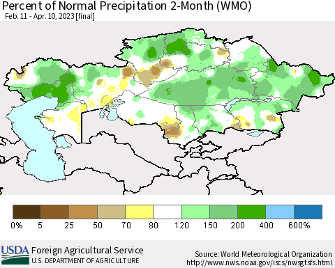 Kazakhstan Percent of Normal Precipitation 2-Month (WMO) Thematic Map For 2/11/2023 - 4/10/2023