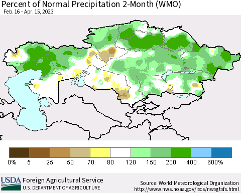 Kazakhstan Percent of Normal Precipitation 2-Month (WMO) Thematic Map For 2/16/2023 - 4/15/2023