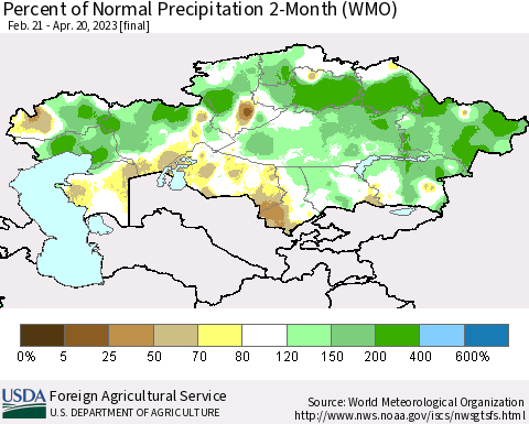 Kazakhstan Percent of Normal Precipitation 2-Month (WMO) Thematic Map For 2/21/2023 - 4/20/2023