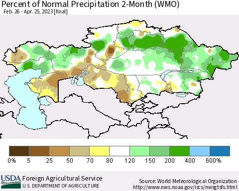 Kazakhstan Percent of Normal Precipitation 2-Month (WMO) Thematic Map For 2/26/2023 - 4/25/2023