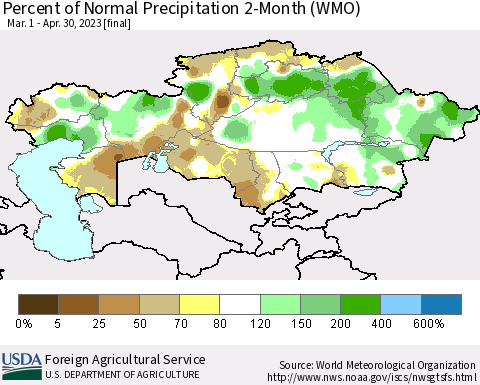 Kazakhstan Percent of Normal Precipitation 2-Month (WMO) Thematic Map For 3/1/2023 - 4/30/2023
