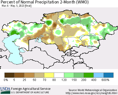 Kazakhstan Percent of Normal Precipitation 2-Month (WMO) Thematic Map For 3/6/2023 - 5/5/2023