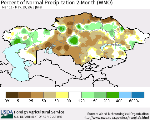 Kazakhstan Percent of Normal Precipitation 2-Month (WMO) Thematic Map For 3/11/2023 - 5/10/2023