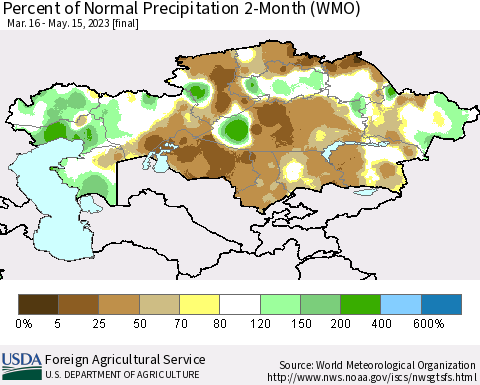 Kazakhstan Percent of Normal Precipitation 2-Month (WMO) Thematic Map For 3/16/2023 - 5/15/2023