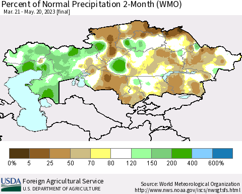 Kazakhstan Percent of Normal Precipitation 2-Month (WMO) Thematic Map For 3/21/2023 - 5/20/2023