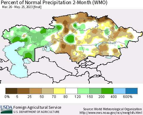 Kazakhstan Percent of Normal Precipitation 2-Month (WMO) Thematic Map For 3/26/2023 - 5/25/2023