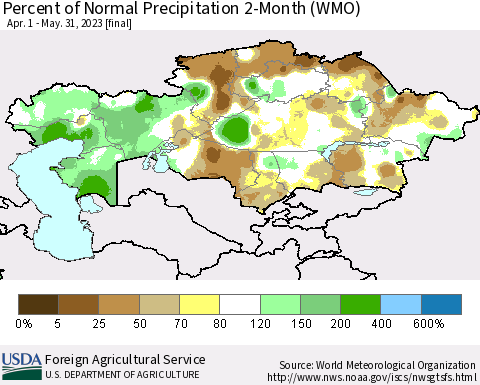 Kazakhstan Percent of Normal Precipitation 2-Month (WMO) Thematic Map For 4/1/2023 - 5/31/2023