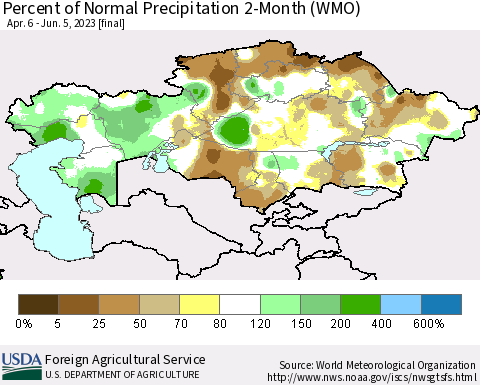 Kazakhstan Percent of Normal Precipitation 2-Month (WMO) Thematic Map For 4/6/2023 - 6/5/2023
