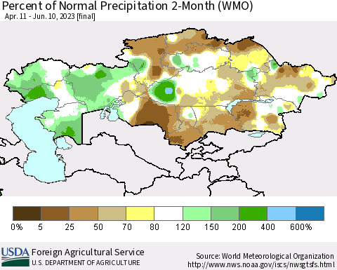 Kazakhstan Percent of Normal Precipitation 2-Month (WMO) Thematic Map For 4/11/2023 - 6/10/2023