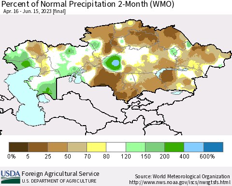 Kazakhstan Percent of Normal Precipitation 2-Month (WMO) Thematic Map For 4/16/2023 - 6/15/2023