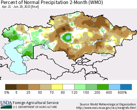 Kazakhstan Percent of Normal Precipitation 2-Month (WMO) Thematic Map For 4/21/2023 - 6/20/2023