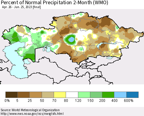 Kazakhstan Percent of Normal Precipitation 2-Month (WMO) Thematic Map For 4/26/2023 - 6/25/2023