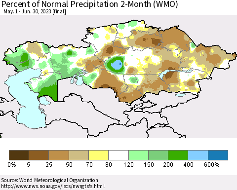 Kazakhstan Percent of Normal Precipitation 2-Month (WMO) Thematic Map For 5/1/2023 - 6/30/2023