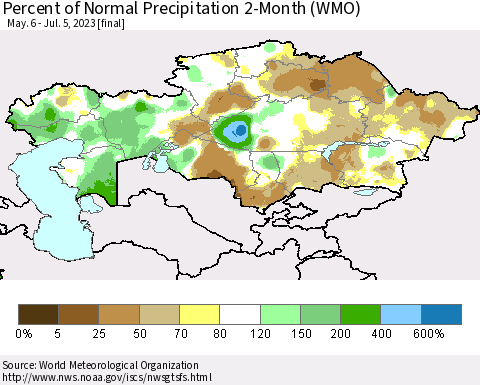 Kazakhstan Percent of Normal Precipitation 2-Month (WMO) Thematic Map For 5/6/2023 - 7/5/2023