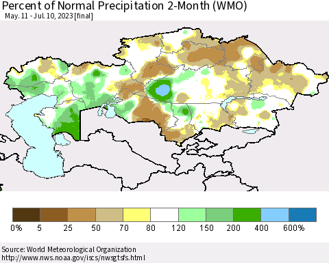 Kazakhstan Percent of Normal Precipitation 2-Month (WMO) Thematic Map For 5/11/2023 - 7/10/2023