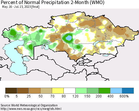 Kazakhstan Percent of Normal Precipitation 2-Month (WMO) Thematic Map For 5/16/2023 - 7/15/2023