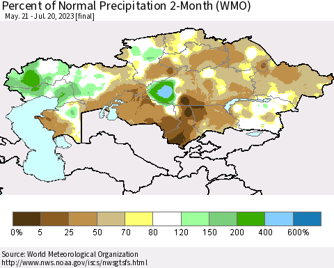 Kazakhstan Percent of Normal Precipitation 2-Month (WMO) Thematic Map For 5/21/2023 - 7/20/2023