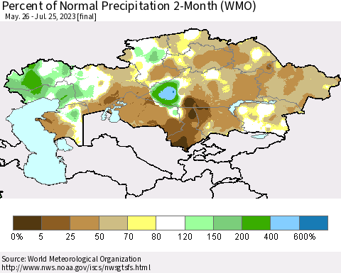 Kazakhstan Percent of Normal Precipitation 2-Month (WMO) Thematic Map For 5/26/2023 - 7/25/2023