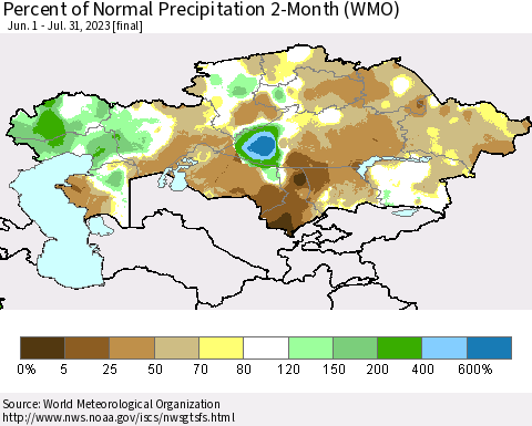 Kazakhstan Percent of Normal Precipitation 2-Month (WMO) Thematic Map For 6/1/2023 - 7/31/2023