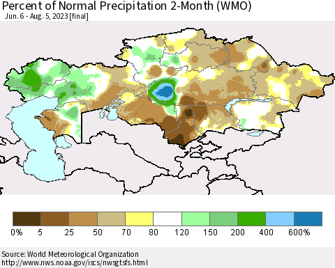 Kazakhstan Percent of Normal Precipitation 2-Month (WMO) Thematic Map For 6/6/2023 - 8/5/2023