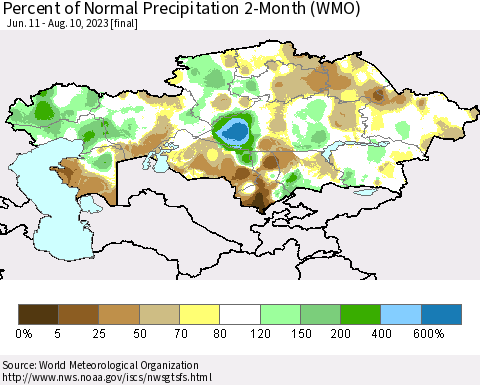 Kazakhstan Percent of Normal Precipitation 2-Month (WMO) Thematic Map For 6/11/2023 - 8/10/2023