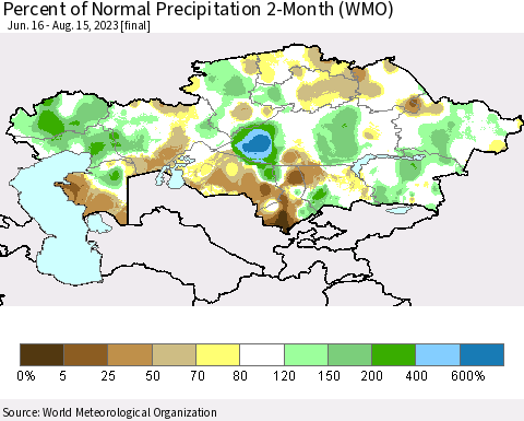 Kazakhstan Percent of Normal Precipitation 2-Month (WMO) Thematic Map For 6/16/2023 - 8/15/2023