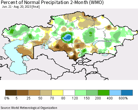 Kazakhstan Percent of Normal Precipitation 2-Month (WMO) Thematic Map For 6/21/2023 - 8/20/2023
