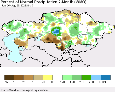 Kazakhstan Percent of Normal Precipitation 2-Month (WMO) Thematic Map For 6/26/2023 - 8/25/2023