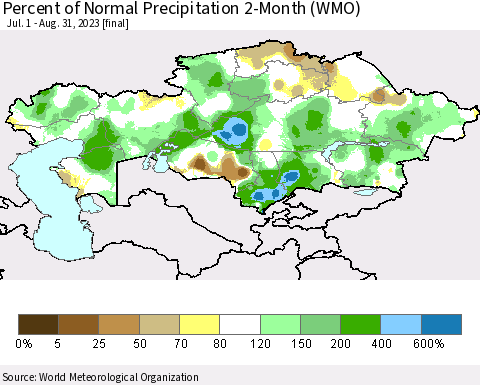 Kazakhstan Percent of Normal Precipitation 2-Month (WMO) Thematic Map For 7/1/2023 - 8/31/2023