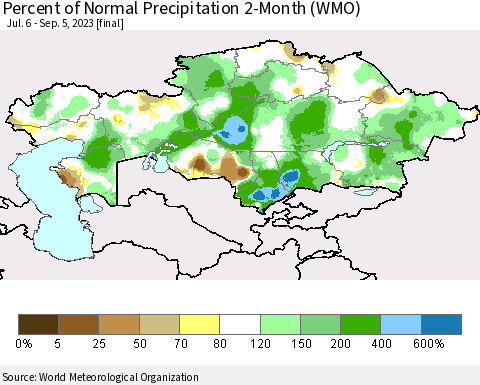 Kazakhstan Percent of Normal Precipitation 2-Month (WMO) Thematic Map For 7/6/2023 - 9/5/2023